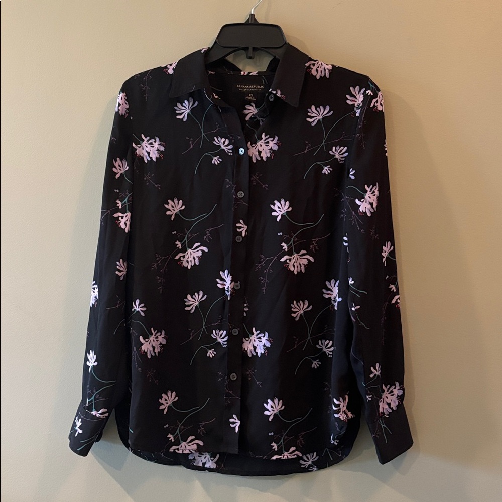 Banana Republic Black and Pink Floral Button Down Shirt